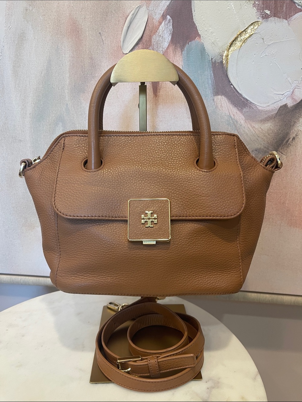 Tory Burch Brown Leather Satchel with Gold Logo